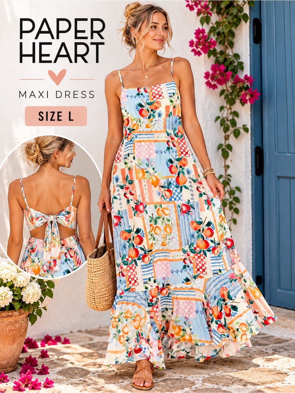 Paper Heart NWT Fruit Print Patchwork Tie Back Maxi Dress Size L